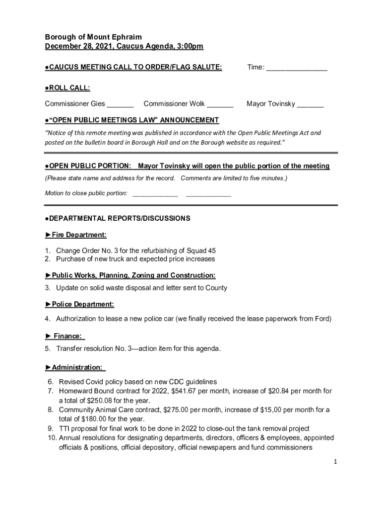 Fillable Online Borough of Mount Ephraim December 28, 2021, Caucus