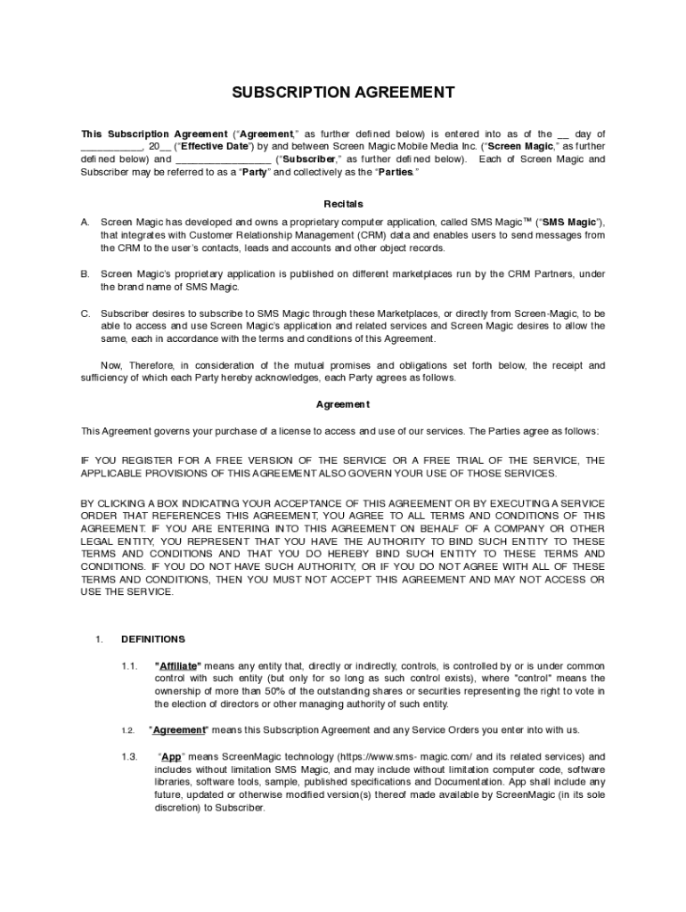 Fillable Online Screen Magic Subscription Agreement Fax Email Print