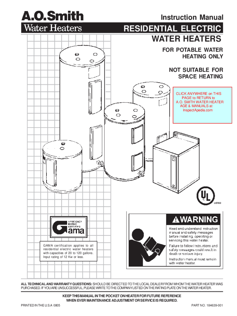 Fillable Online AO Smith Residential Electric Water Heater Instruction
