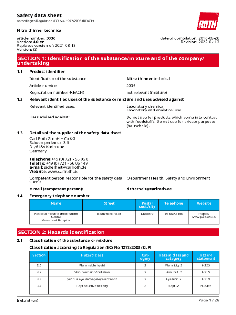 Fillable Online Nitro thinner Safety Data Sheet Carl Roth Fax Email