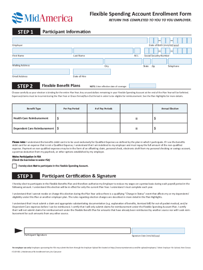Fillable Online Flexible Spending Account Enrollment FormMidAmerica Fax ...