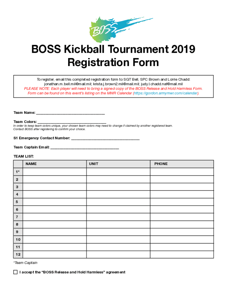 Fillable Online BOSS Kickball Tournament 2019 Registration Form Fax