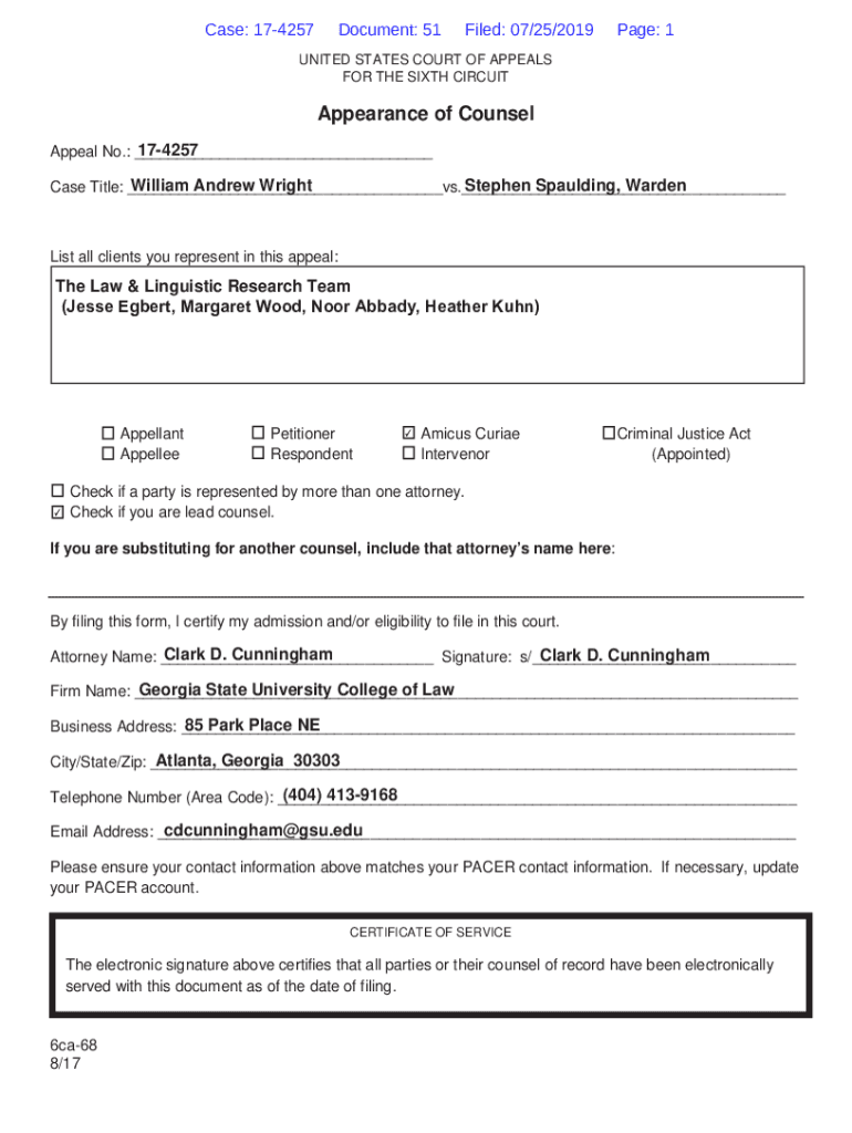 Fillable Online Appearance of Counsel Clark D. Cunningham Fax Email Print pdfFiller