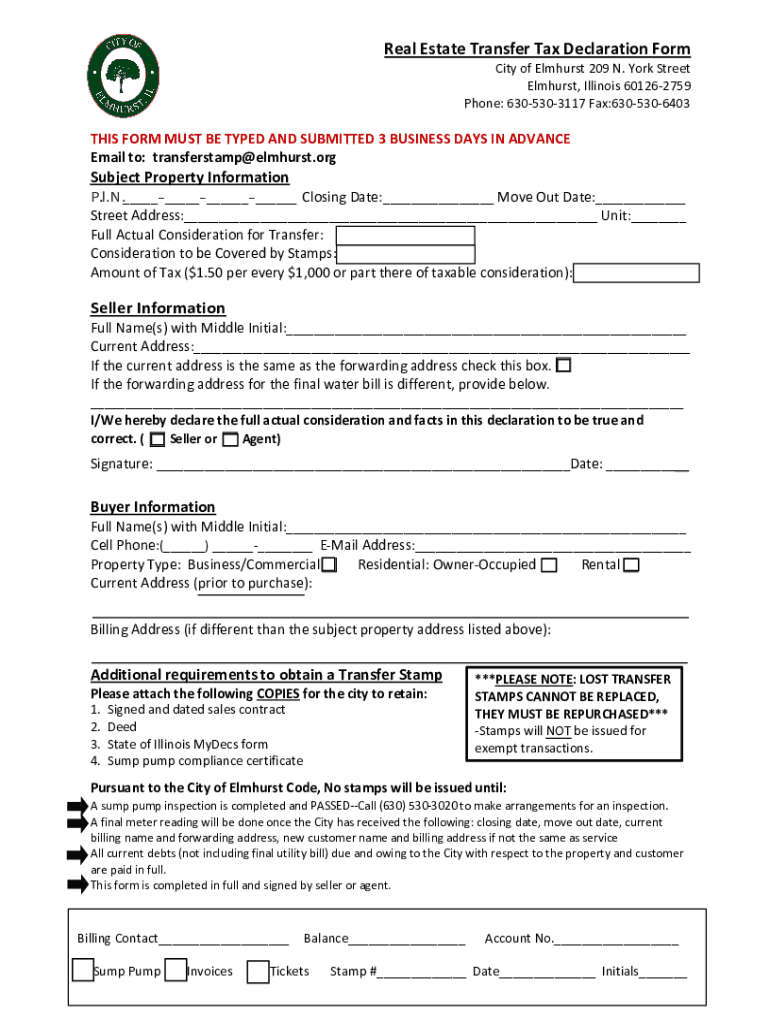 Fillable Online Real Estate Transfer Tax Declaration Form Elmhurst