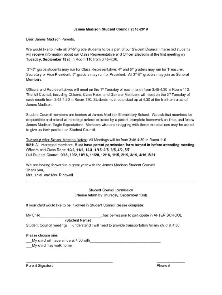 Fillable Online Student Council James Madison Intermediate School Fax