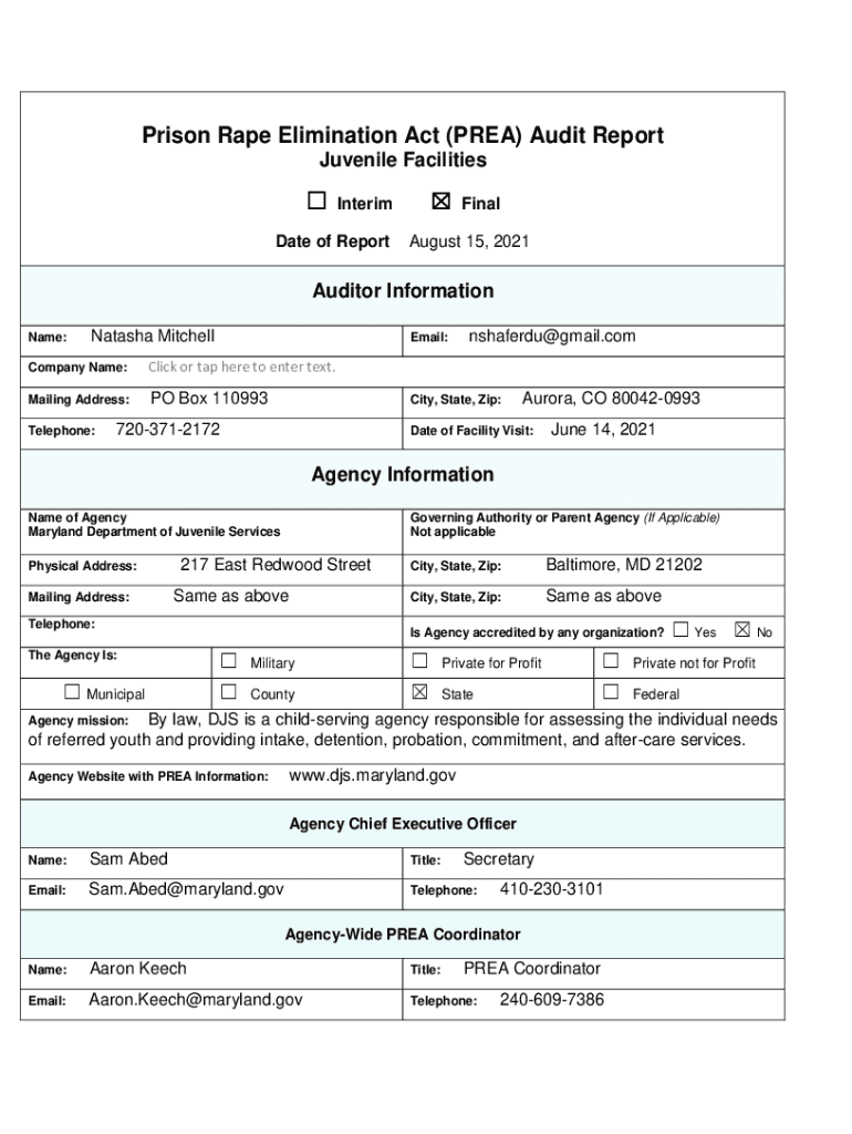 Fillable Online djs maryland 2020 - Prison Rape Elimination Act (PREA ...