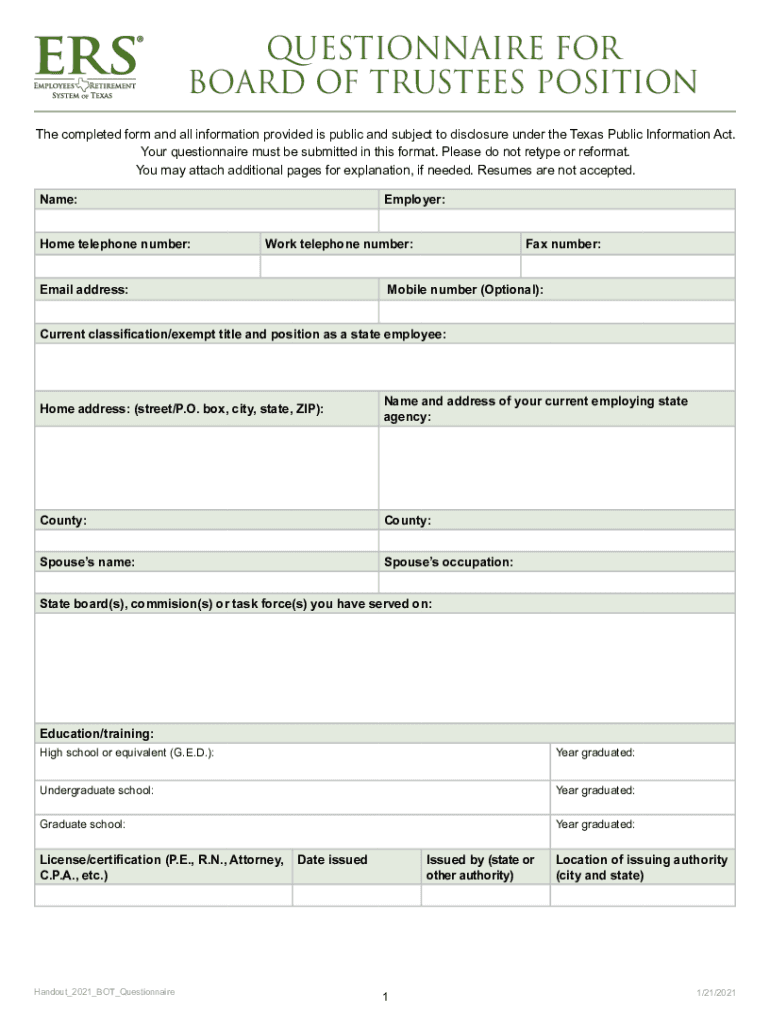 Fillable Online Questionnaire for Board of Trustees Position Fax Email ...
