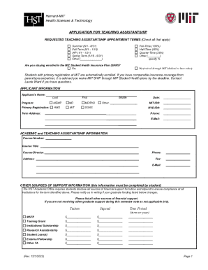 Fillable Online hst mit Application for Teaching Assistantship Fax ...