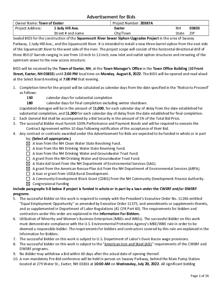 Fillable Online Jady Hill Water and Sewer Improvements Town of Exeter