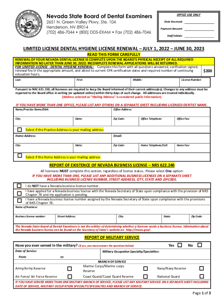 Fillable Online LIMITED LICENSE DENTAL HYGIENE LICENSE RENEWAL JULY 1