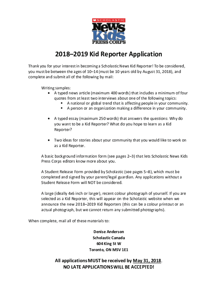 Fillable Online 20182019 Kid Reporter Application - Scholastic Kids ...
