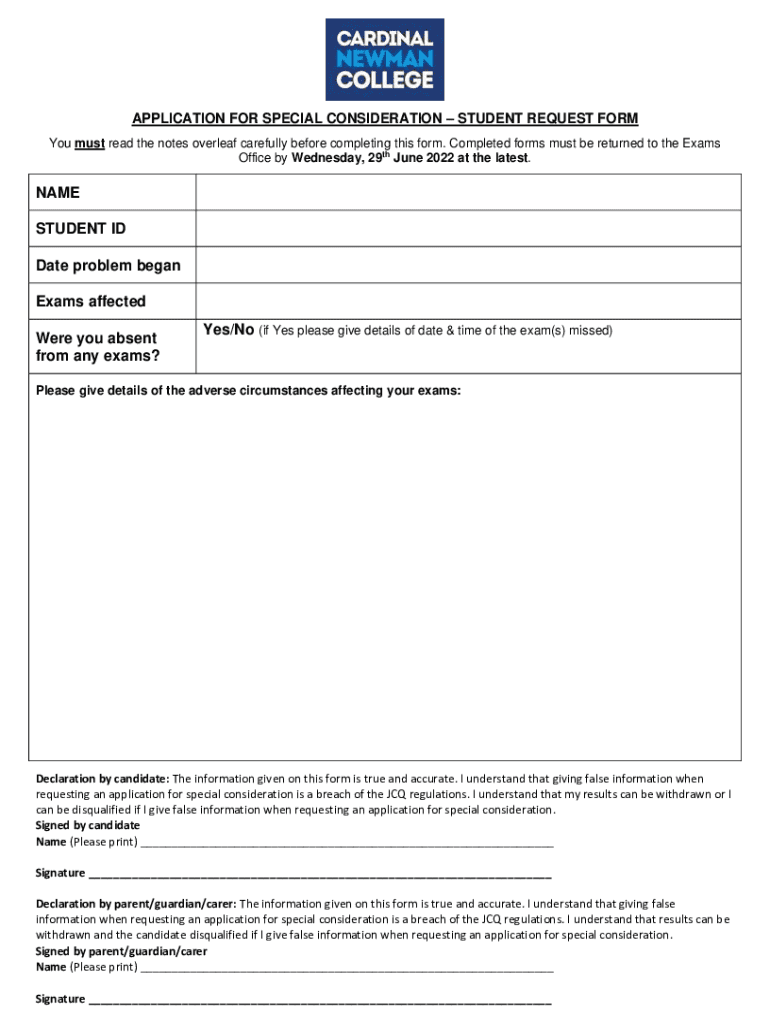 Fillable Online Application to Special Consideration Form Fax Email