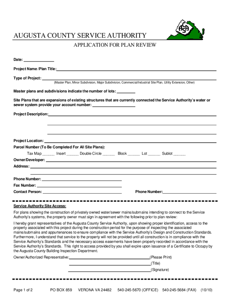 Fillable Online Application for Plan Review Augusta County Service Authority Fax Email Print