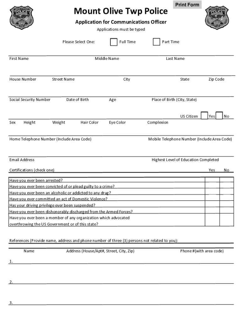 Fillable Online Entry Level Police Officer Mount Olive Township Fax