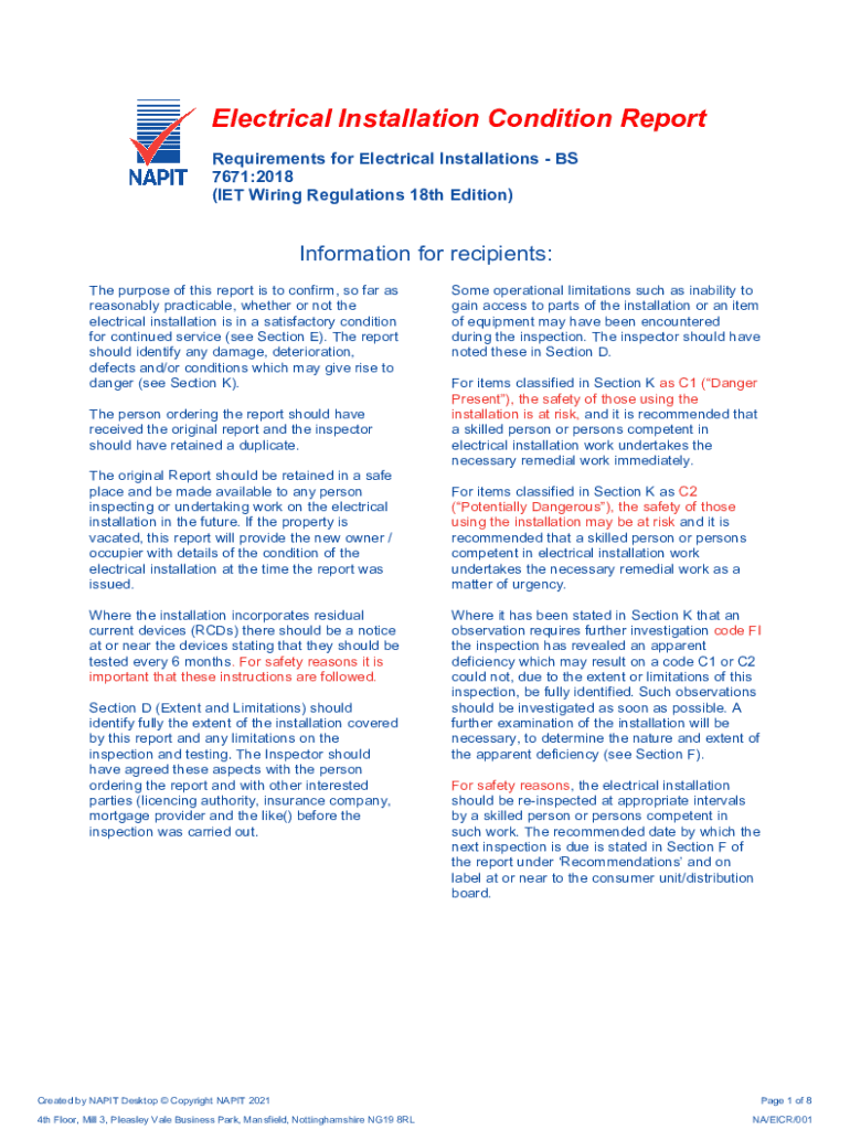 Fillable Online Electrical Installation Condition Report Mashroom Fax