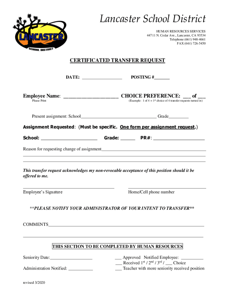 Fillable Online Certificated Lateral Transfer Form Lancaster School