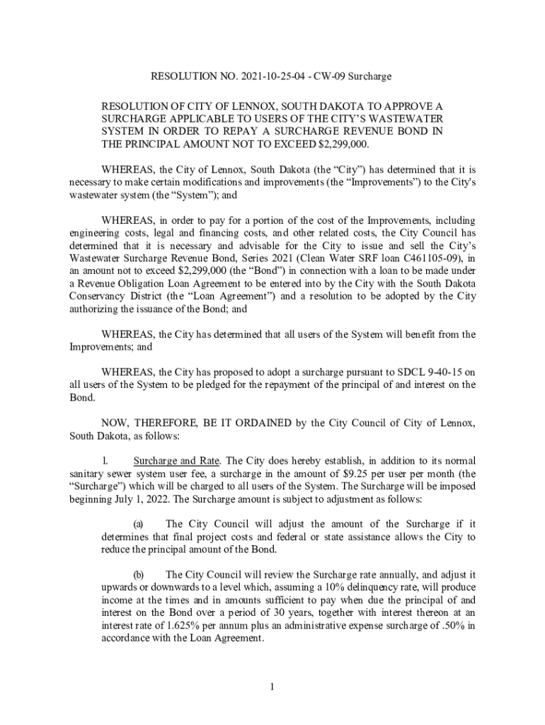 Fillable Online RESOLUTION OF CITY OF LENNOX, SOUTH DAKOTA TO APPROVE A