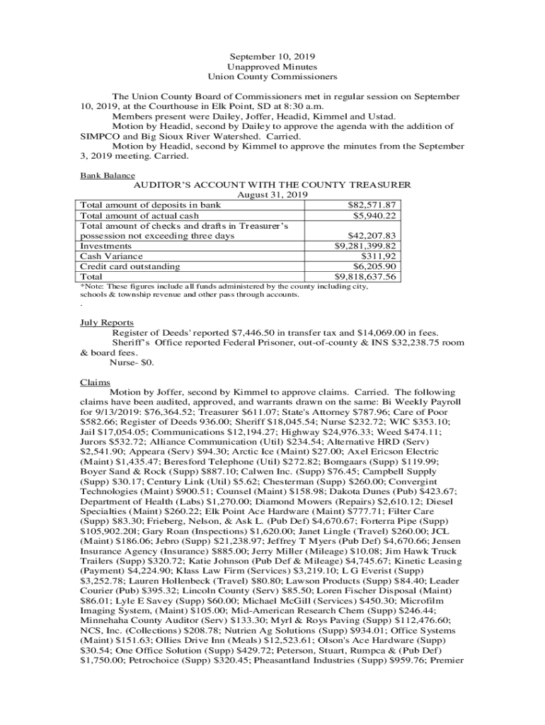 Fillable Online 10, 2019, at the Courthouse in Elk Point, SD at 830 a