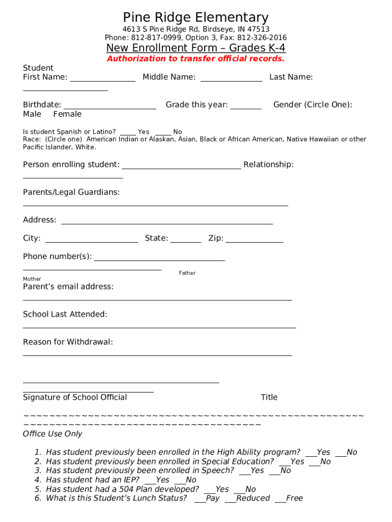 New Student Enrollment Pine Ridge Elementary School Doc Template