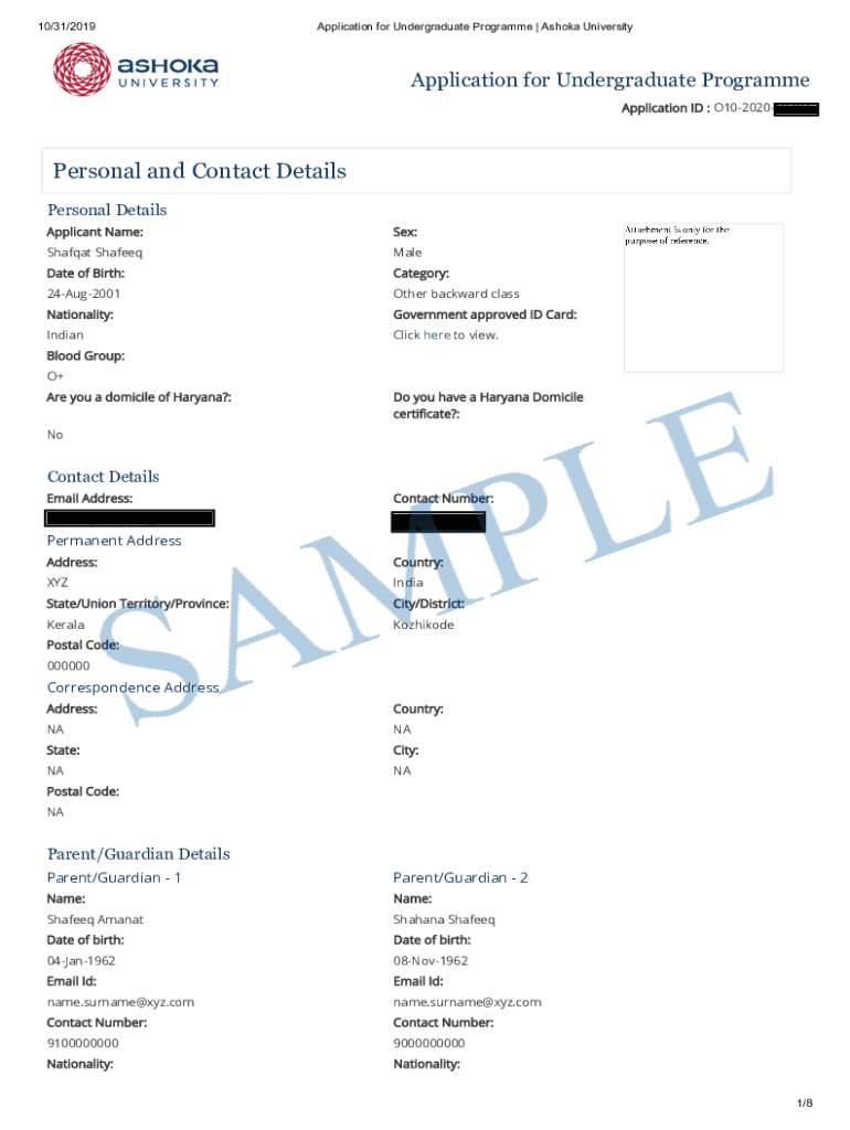 Fillable Online Application for Undergraduate Programme Ashoka