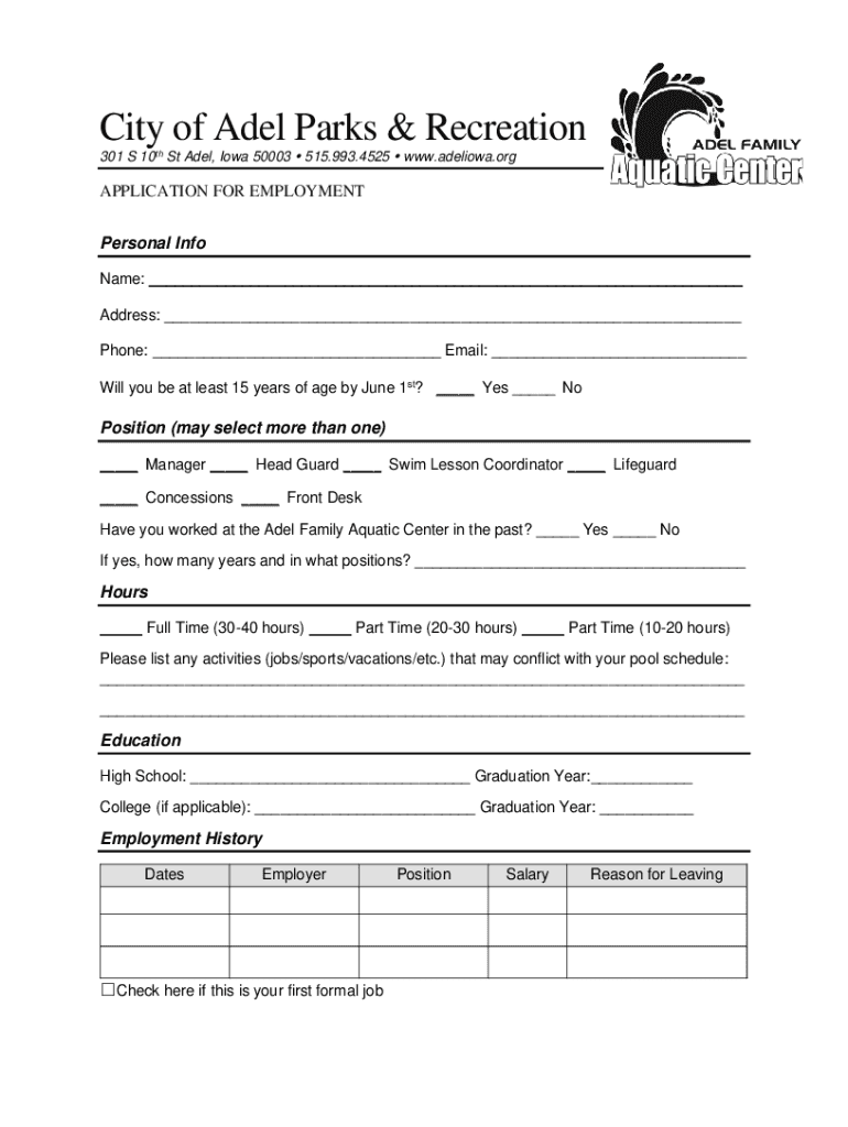 Fillable Online The City of Adel (the City)... Adel Parks and