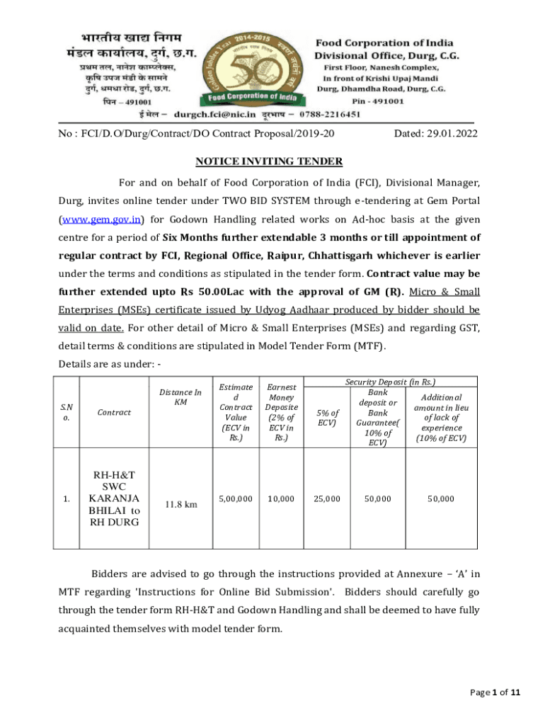 Fillable Online fci gov FCI Invites Tender for Renovation of Office