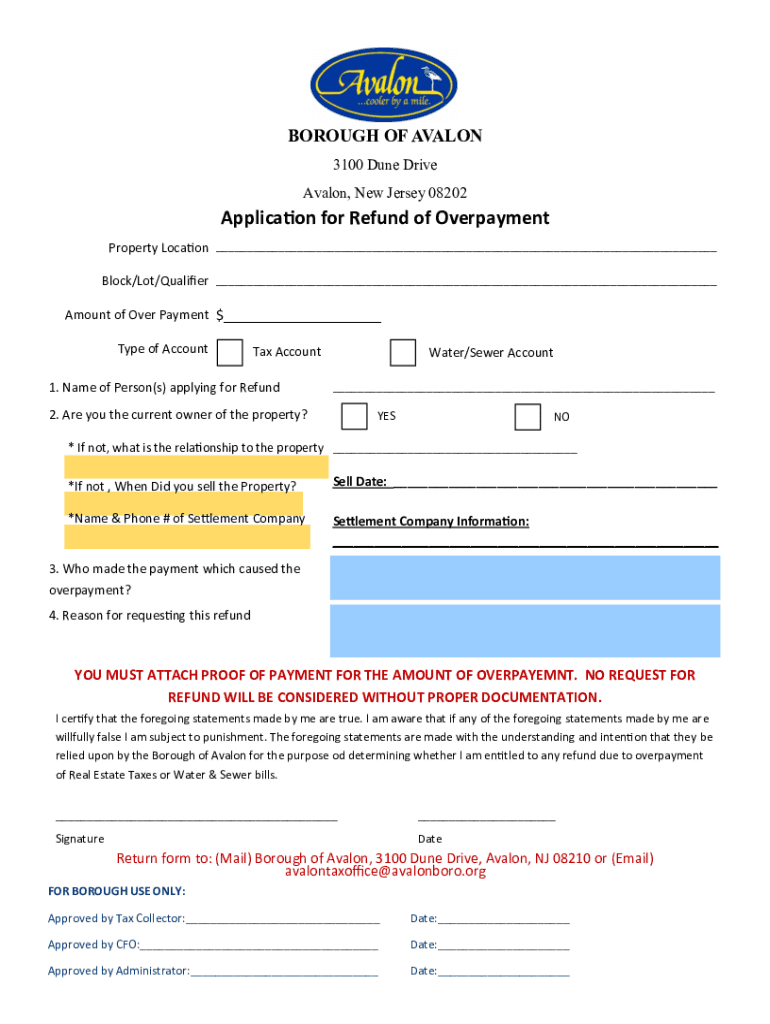 Fillable Online Application for Refund of Overpayment Borough of