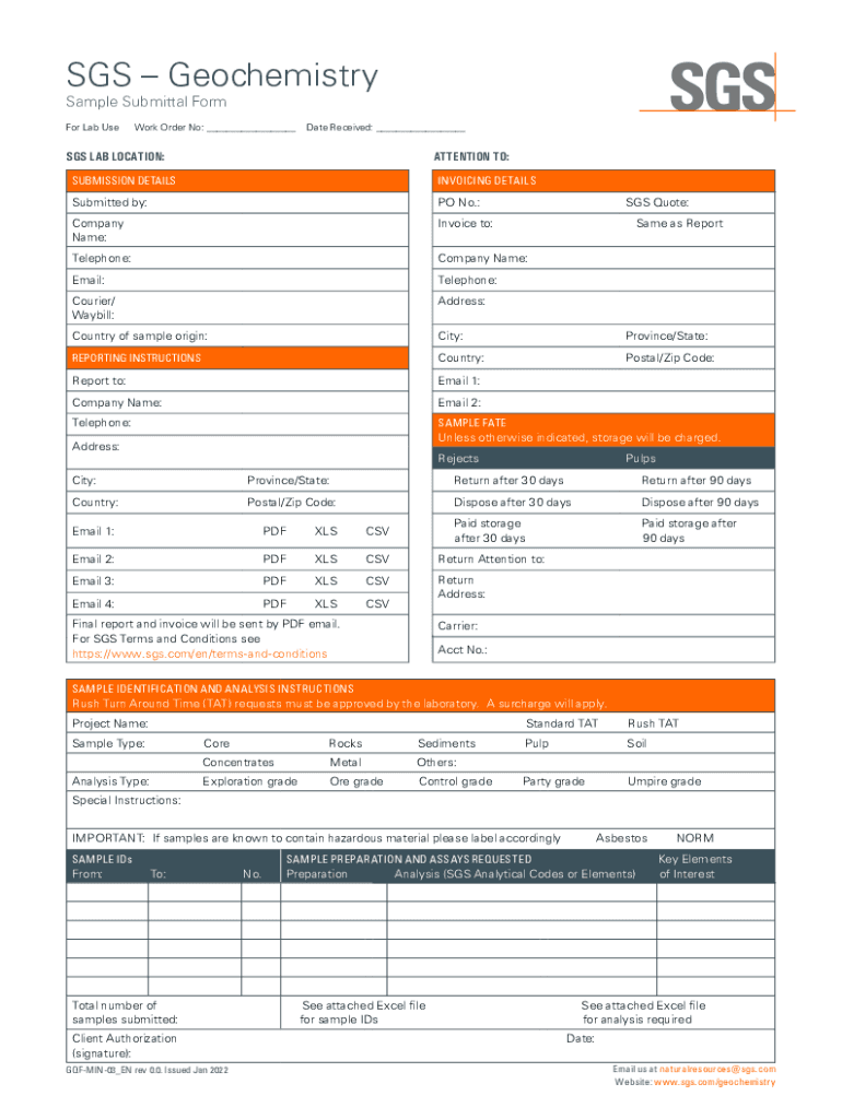 Fillable Online SAMPLE SUBMISSION FORM SGS Health Science Fax Email Print pdfFiller