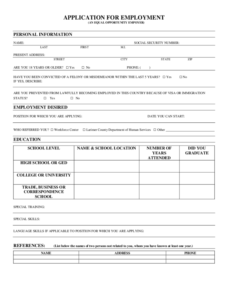 Fillable Online APPLICATION FOR EMPLOYMENT Larimer County Fax Email Print pdfFiller
