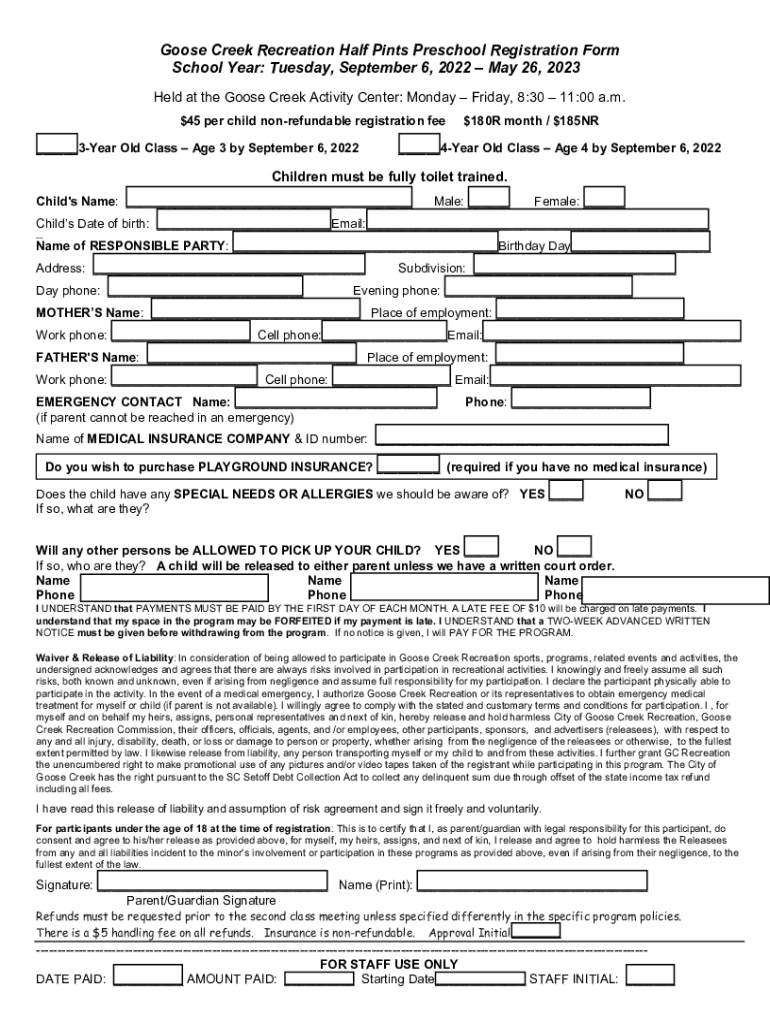 Fillable Online Goose Creek Recreation Half Pints Preschool