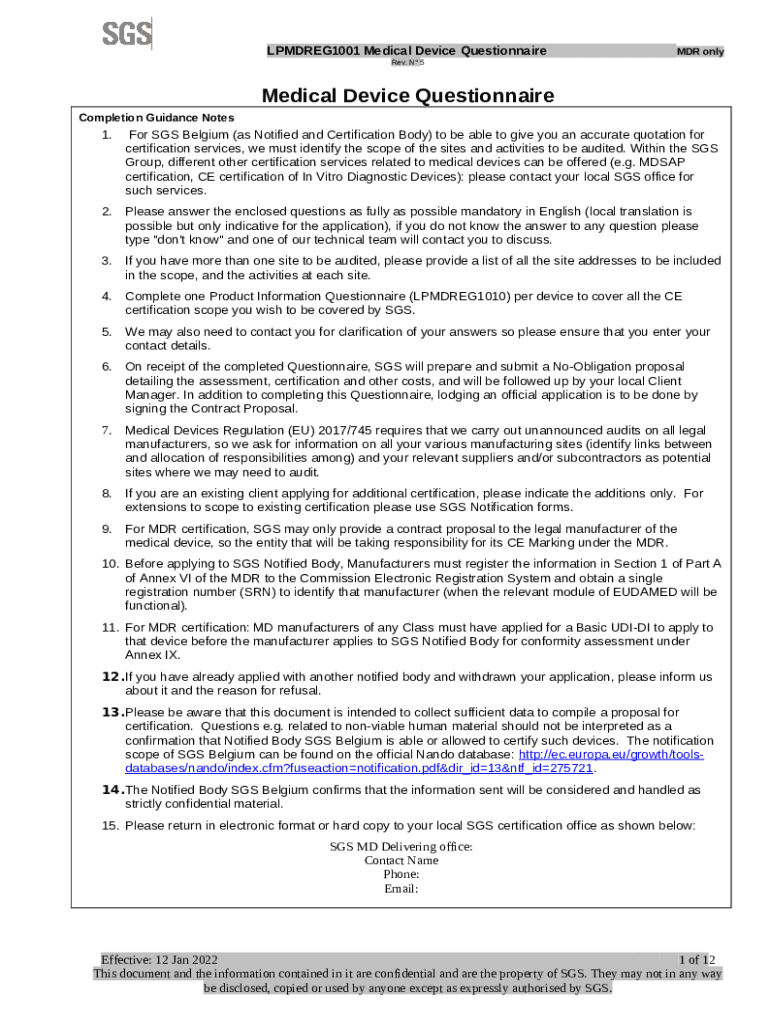 Questionnaires and Application s for Medical Devices Doc Template