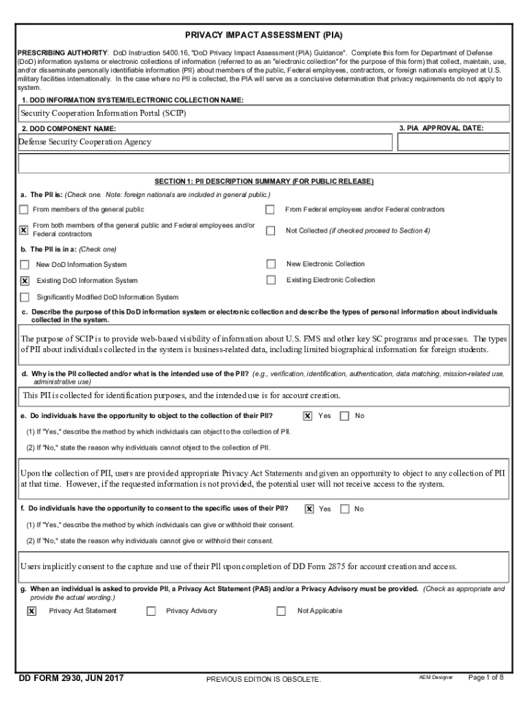 Fillable Online SCIP - Privacy Impact Assessment DD Form 2930 - Final ...