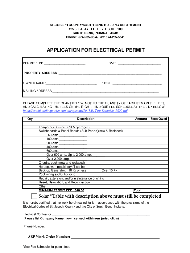 Fillable Online APPLICATION FOR ELECTRICAL PERMIT City of South Bend