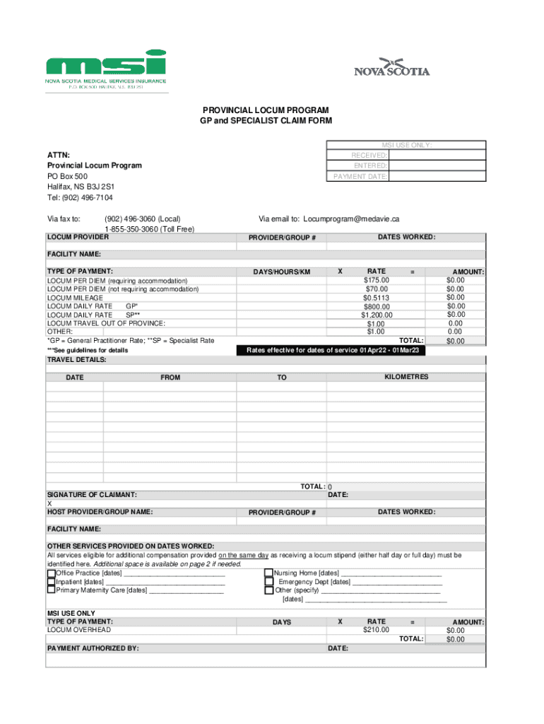Fillable Online msi medavie bluecross GPSpecialistLocumClaimForm