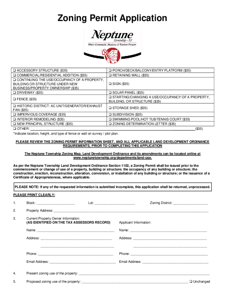 Fillable Online Zoning Permit Application Information Neptune