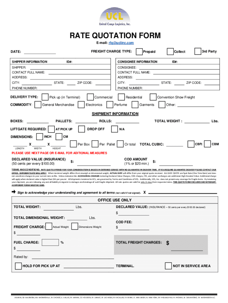 Fillable Online Rate Quotation Request Form OFFICE USE ONLY UCL inc