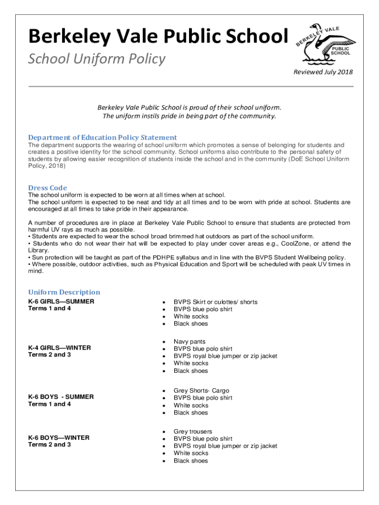 Fillable Online Berkeley Vale Public School School Uniform Policy Fax Email Print pdfFiller