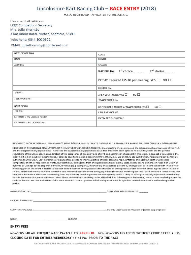 Fillable Online Lincolnshire Kart Racing ClubRACE ENTRY Fulbeck Kart Club Fax Email Print Fillable Online Lincolnshire Kart Racing ClubRACE ENTRY Fulbeck Kart Club Fax Email Print