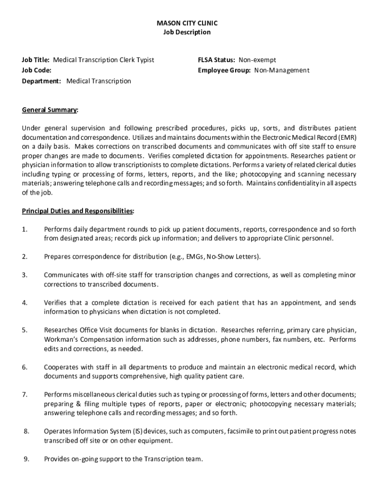 Fillable Online Medical Transcription Clerk Typist FLSA Status Non