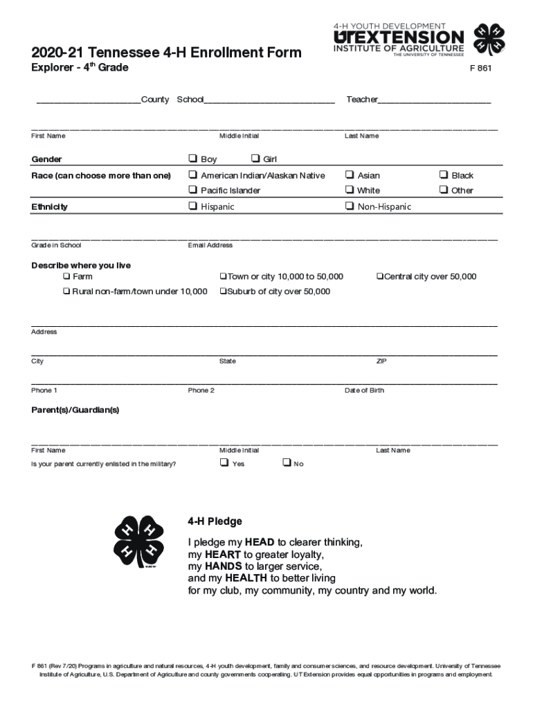 Fillable Online 2020-21 Tennessee 4-H Enrollment Form - Morgan County ...