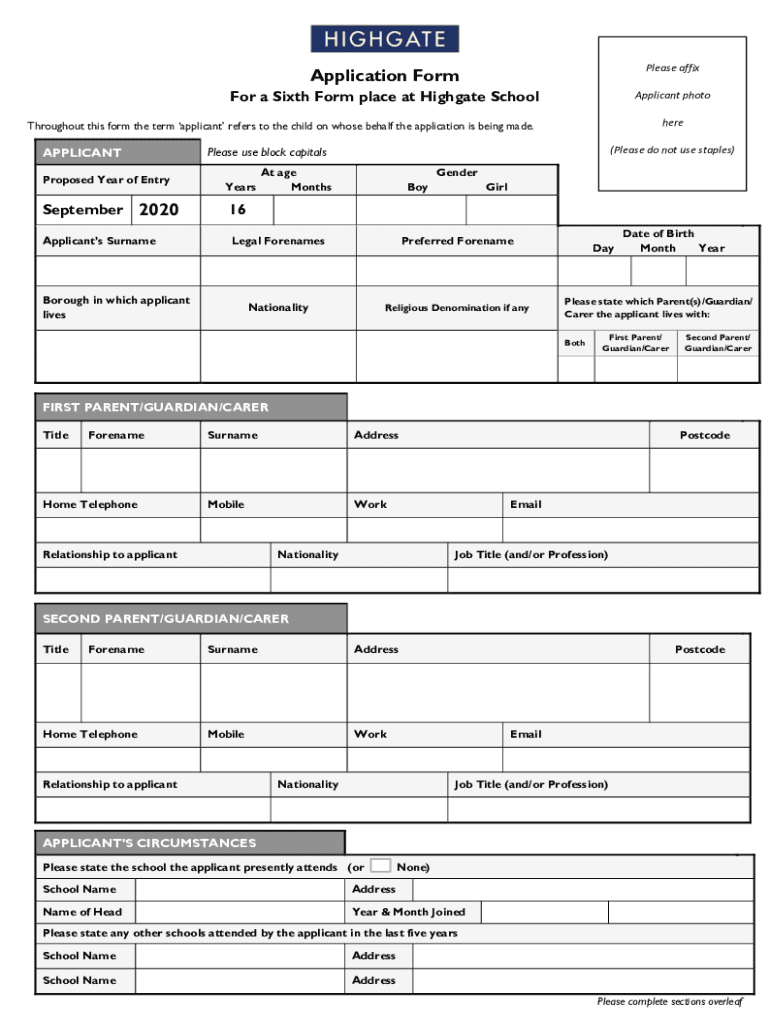 Fillable Online Application Form Highgate School Fax Email Print