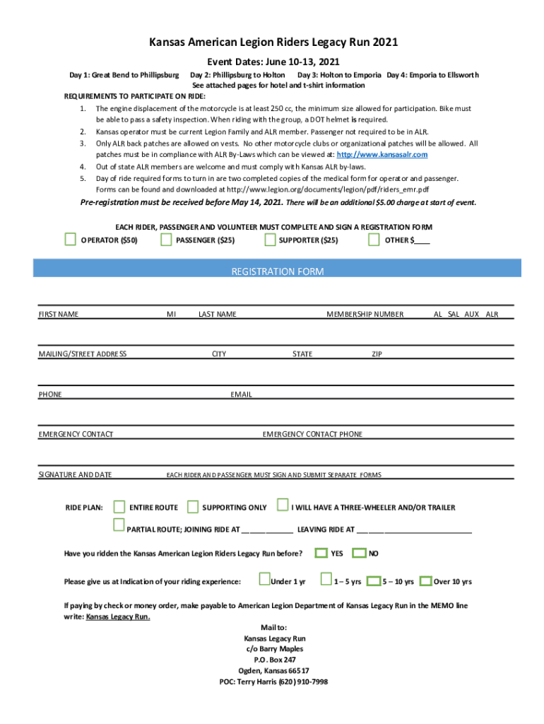 Fillable Online Kansas American Legion Riders Legacy Run 2021 Fax Email