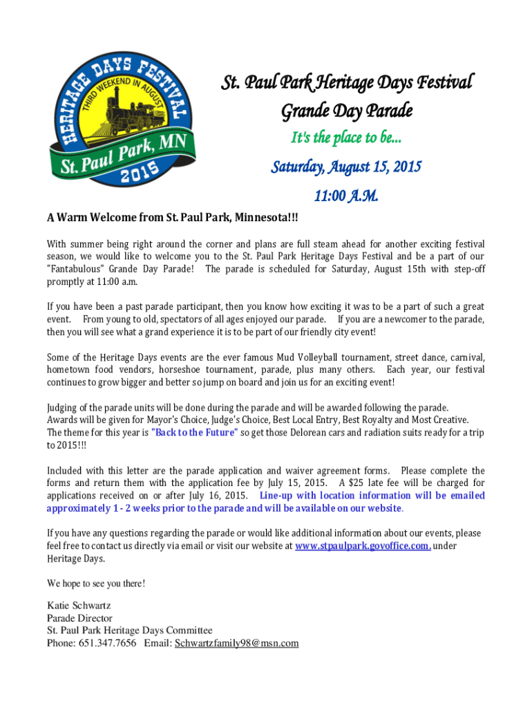 Fillable Online Heritage Days Festival City of St. Paul Park Fax