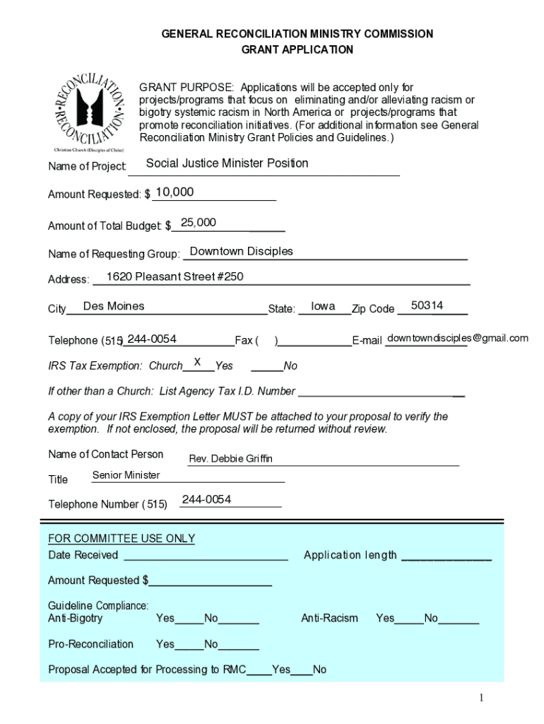Fillable Online GRANT APPLICATION COVER SHEET Reconciliation Ministry
