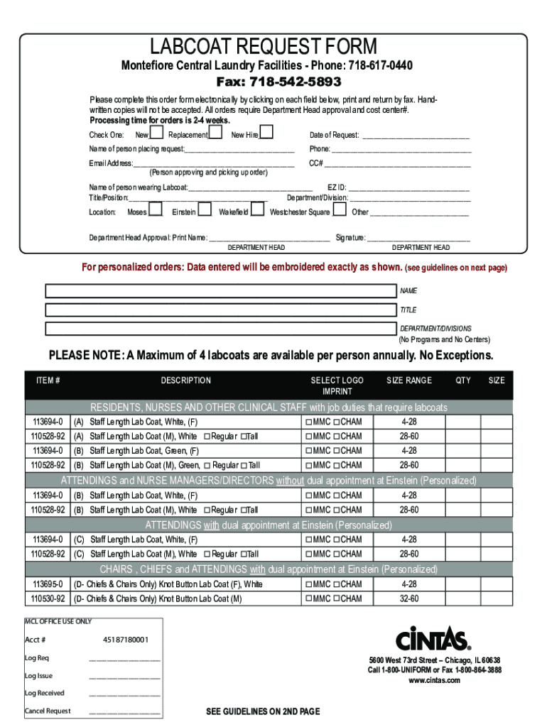 Uniform Lab Coat Request Form - Montefiore Medical Center Preview on Page 1