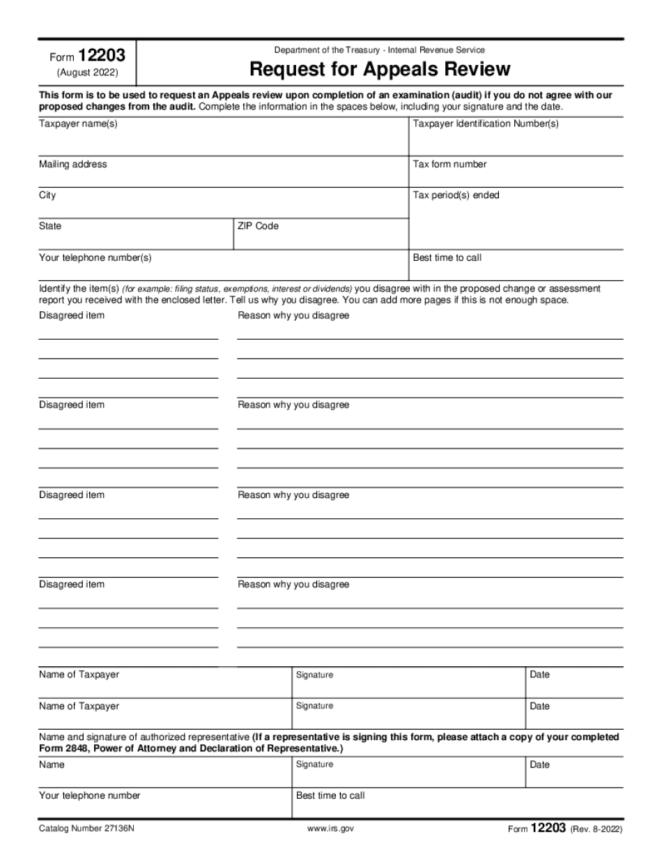 Form 12203 Rev 2-2016 Request For Appeals Review - Irs - Fill And