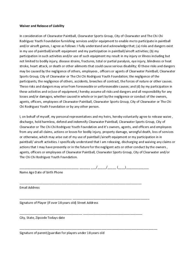 Fillable Online Waiver and Release of Liability Clearwater Paintball