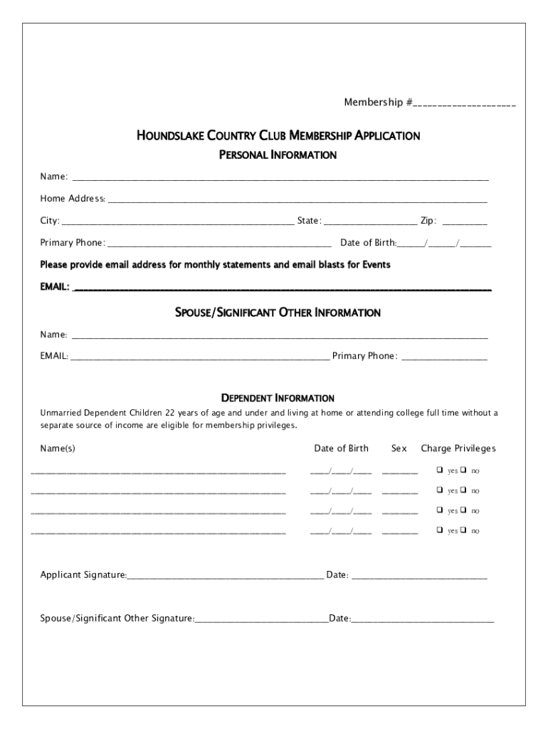 Fillable Online HOUNDSLAKE COUNTRY CLUB MEMBERSHIP APPLICATION Fax