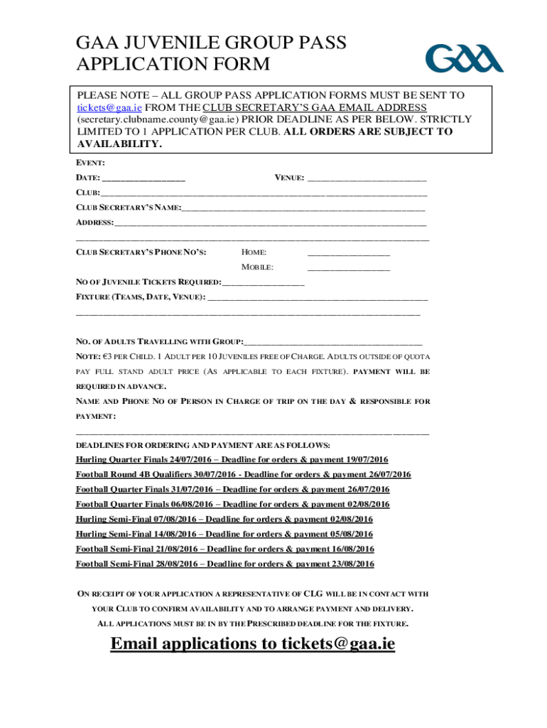 Fillable Online GAA JUVENILE GROUP PASS APPLICATION FORM Fax Email Print PdfFiller fillable-online-gaa-juvenile-group-pass-application-form-fax-email-print-pdffiller