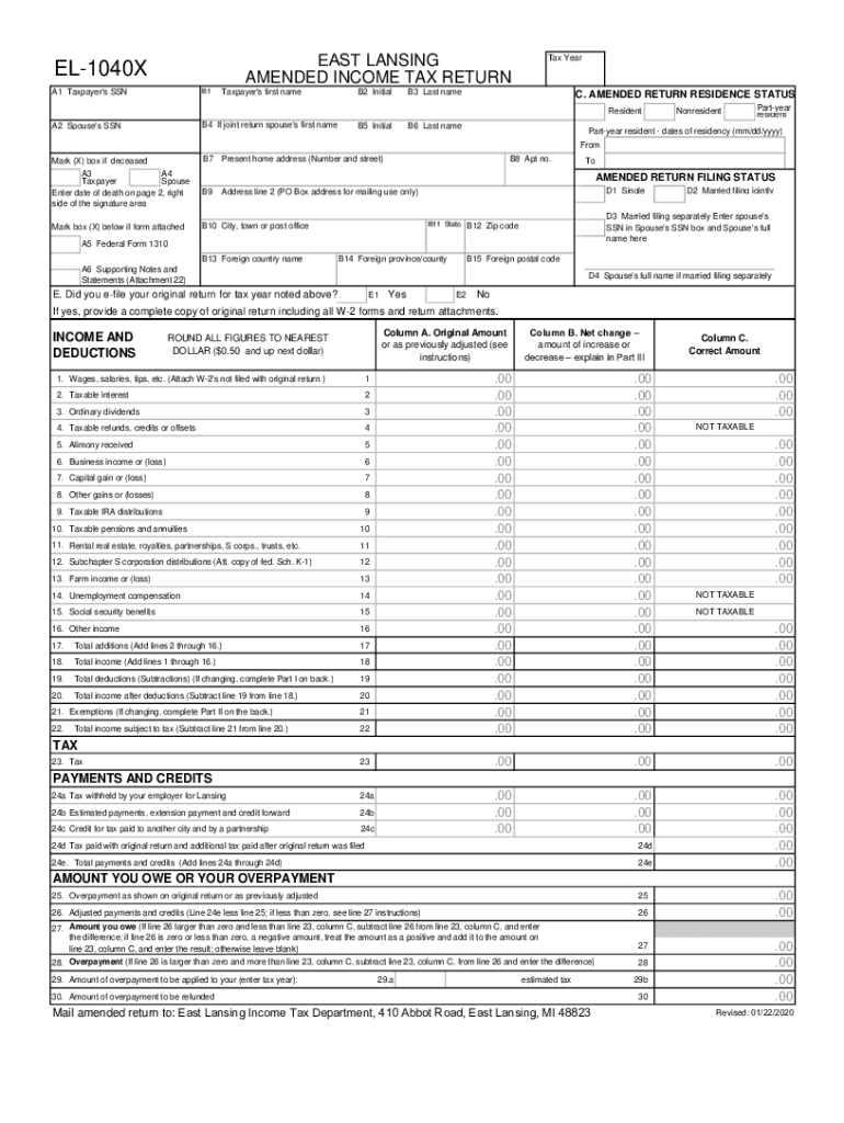 Fillable Online EL-1040X Amended Income Tax Return PDF - East Lansing ...
